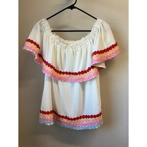 Entro Women's Off the Shoulder tiered RicRac layer Shirt Size Medium polka dot